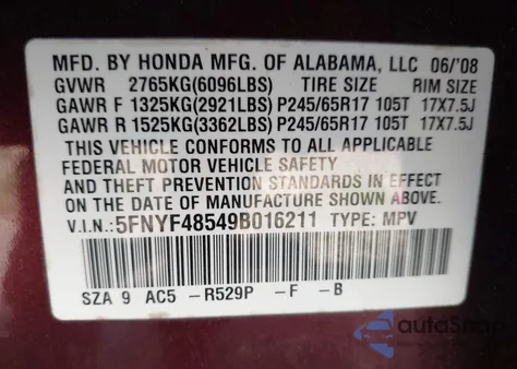 2009 Honda Pilot Ex-L z USA, uszkodzony, nr VIN 5FNYF48549B016211